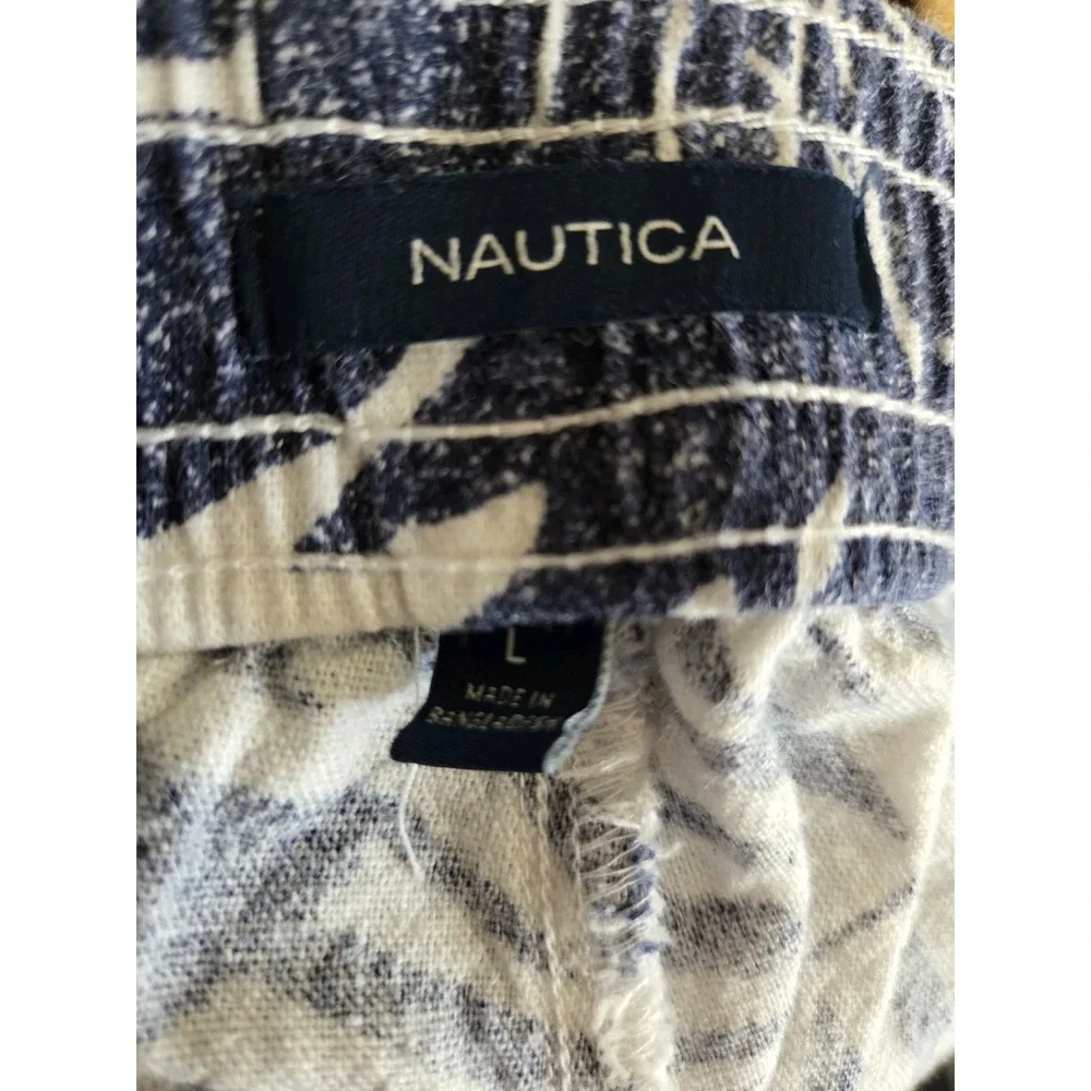 Nautica Linen Shorts Casual Summer Wear Tropical Floral Print Blue White Size L